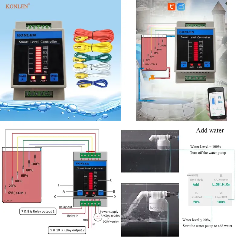 Water Alarm Sensor - KONLEN WLAN-Wasserstands-Sensor, automatischer Wassertank-Füllstandsregler, Tiefbrunnenpumpenventilsteuerung, Überflutungs-